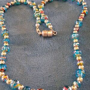 Vintafe Gold and Blue Glass Beaded Necklace 18 In.L W/ Magnetic Clasp.